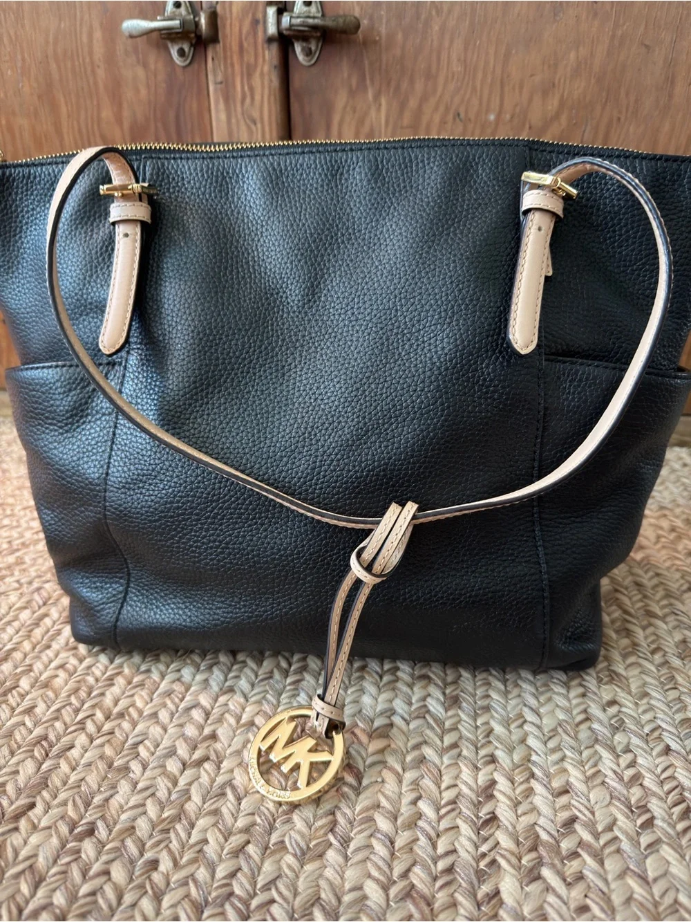 Michael Kors Black Pebbled Leather Tote with Beige Trim and Gold Charm